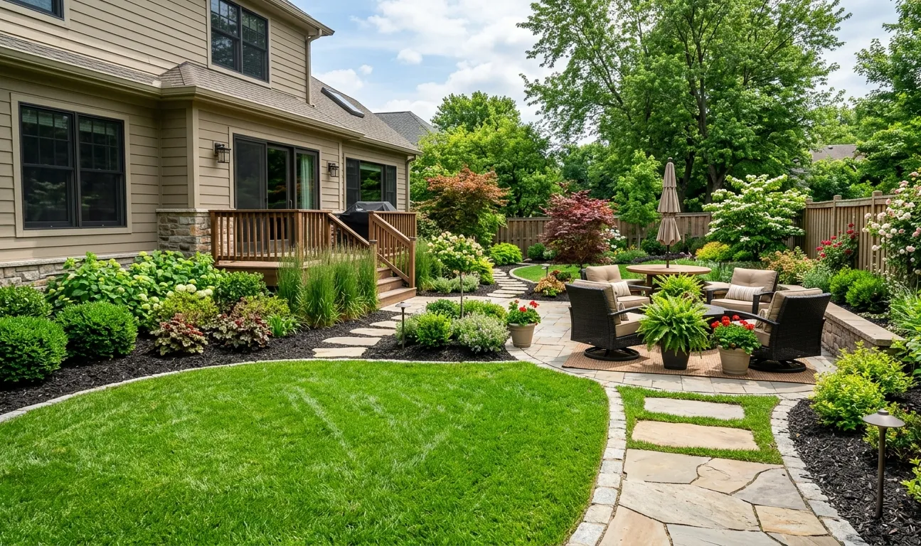 Professionally landscaped backyard with stone patio, lawn and layered garden beds