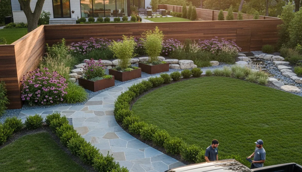 Modern landscaped yard with curved lawn, stonework and planting beds